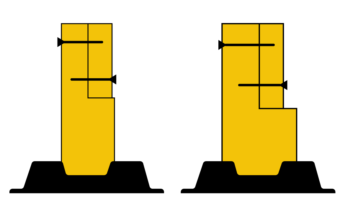 Diagram showing posts seated in block pockets with a notch cut for the joist