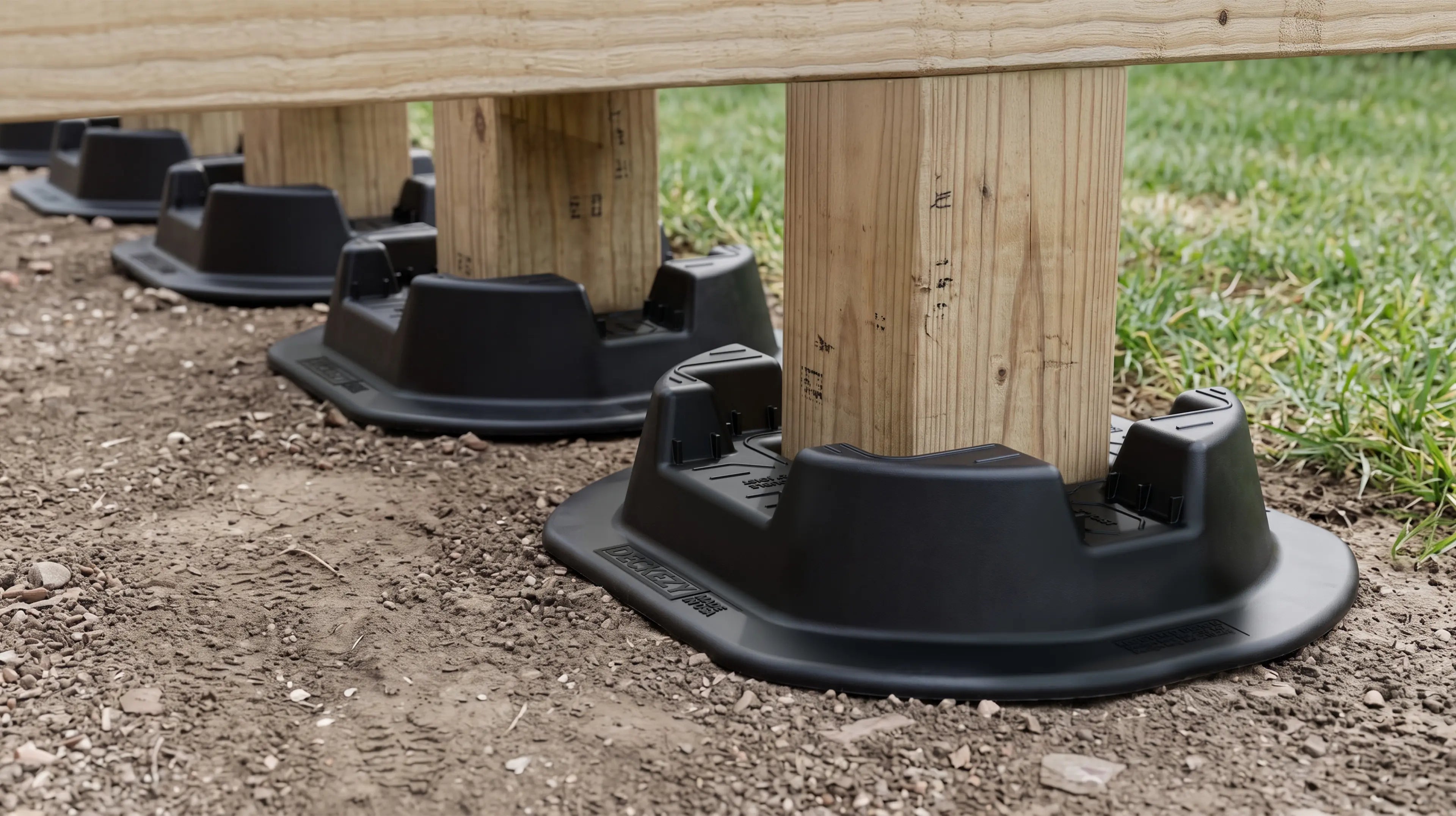 Row of installed DeckEzy Foundation Blocks supporting a timber frame