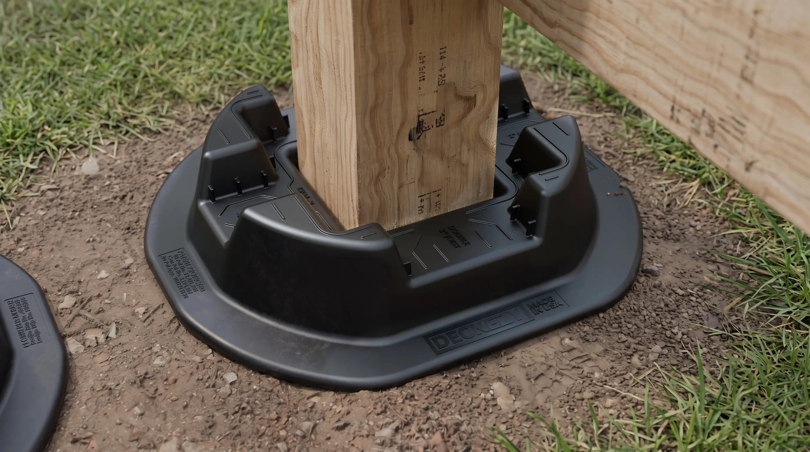 Close-up of a DeckEzy Foundation Block showing the embossed DECKEZY MADE IN USA and patent markings