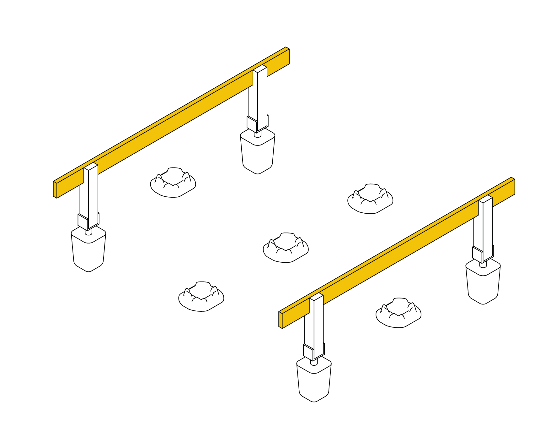 Outermost rim bearers leveled across the concrete footings and blocks