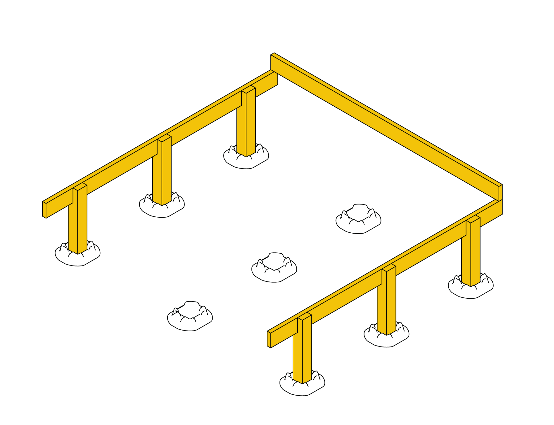 Rim bearers leveled on notched posts at the outer rows