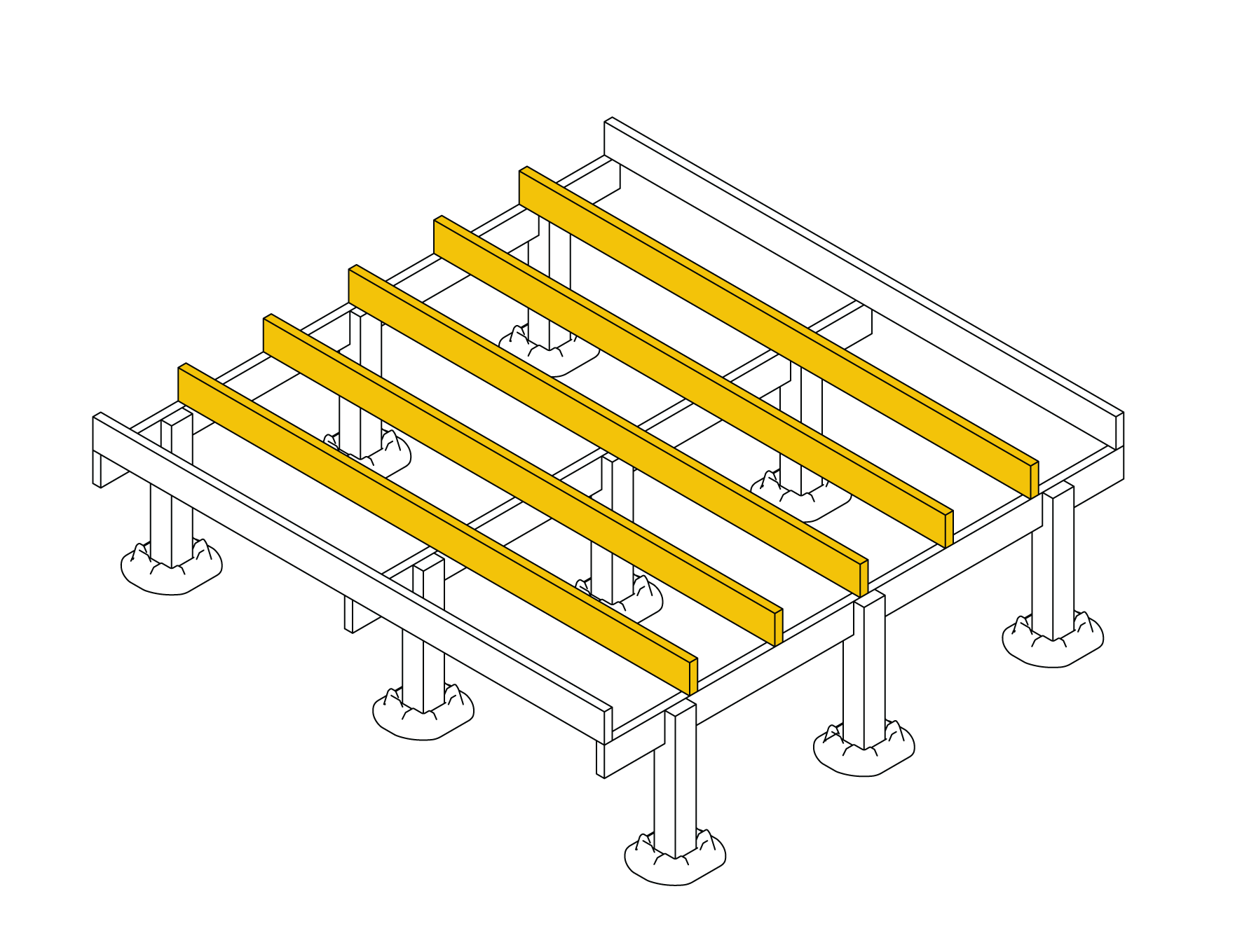 Interior joists fixed to the bearers with exterior timber screws