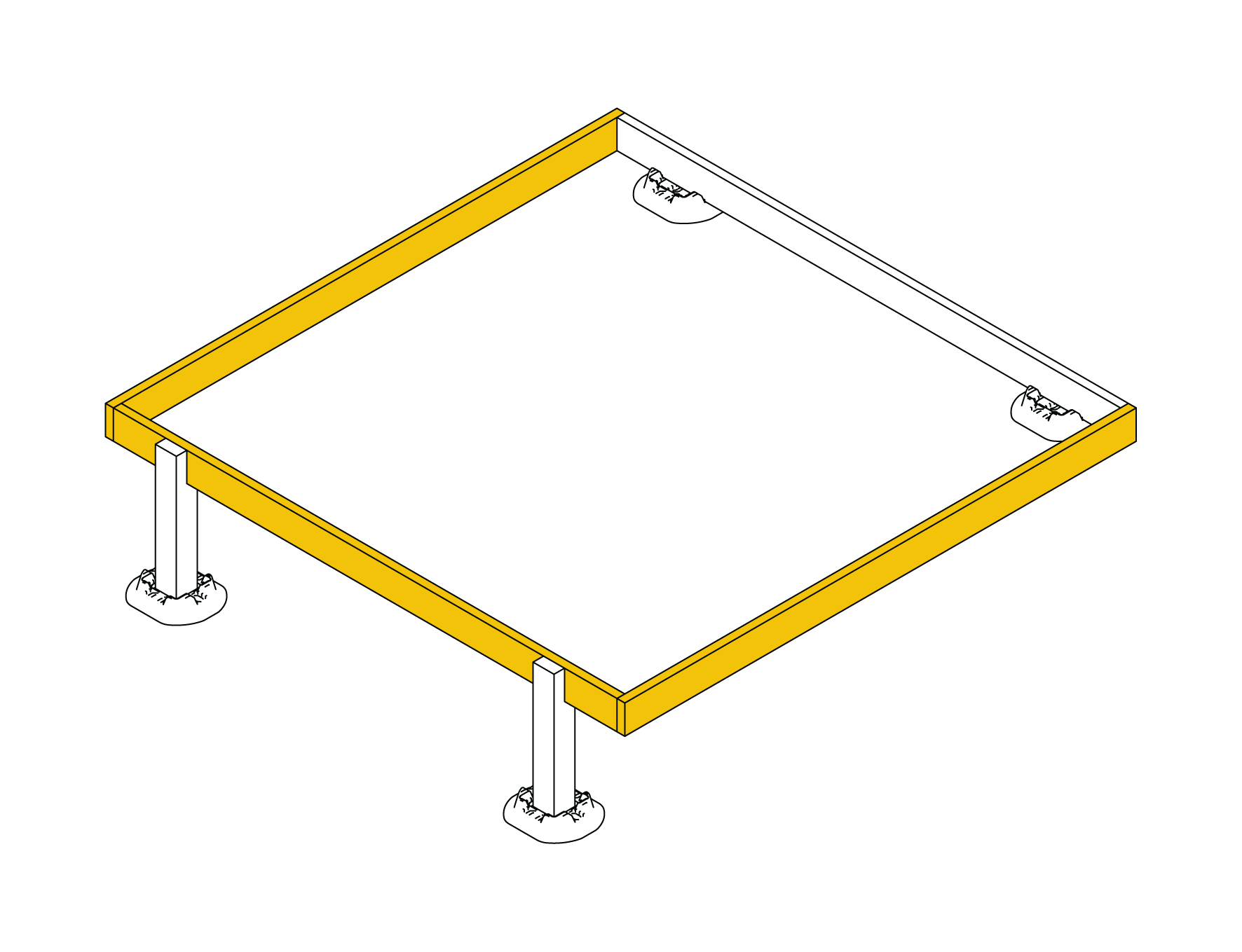 Rim joists fixed to the corner blocks to form the outside frame